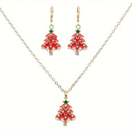 Christmas Tree Enamel and Rhinestone  Jewelry Set - Festive Necklace and Earrings