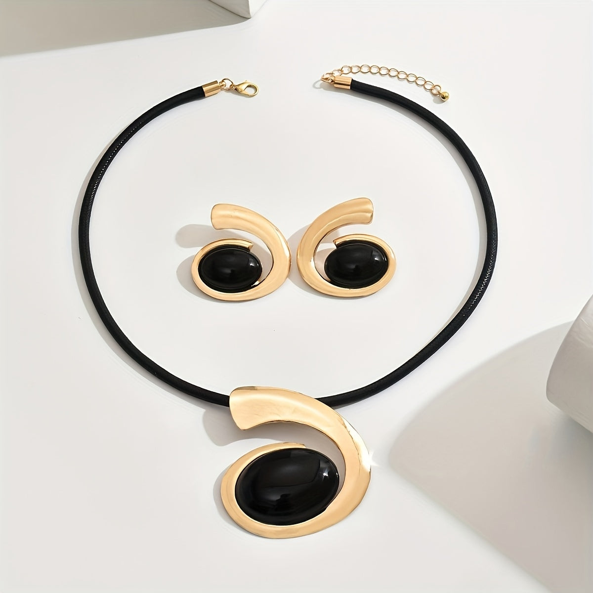 14K Gold Plated Black Onyx Swirl Choker Necklace and Earrings Set