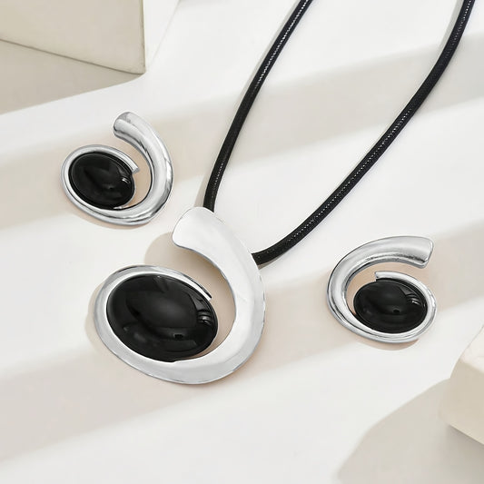 Silver-Tone Black  Stone Swirl Jewelry Set