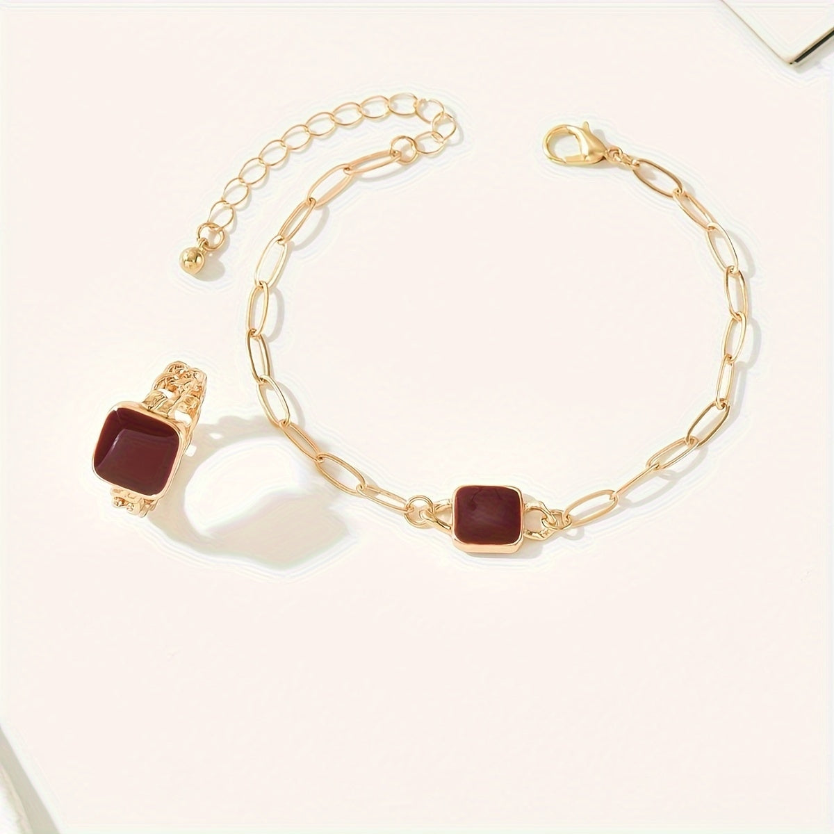 14K Gold Plated Square Agate Bracelet and  Ring Set - Luxe & Timeless Jewelry