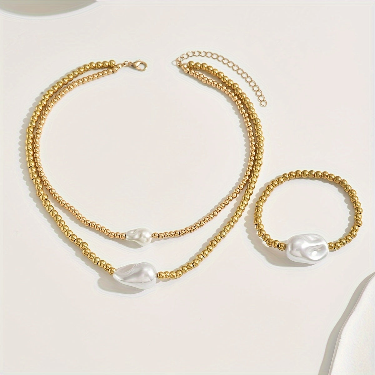 14K Golden Beaded Pearl  Necklace and Bracelet Set