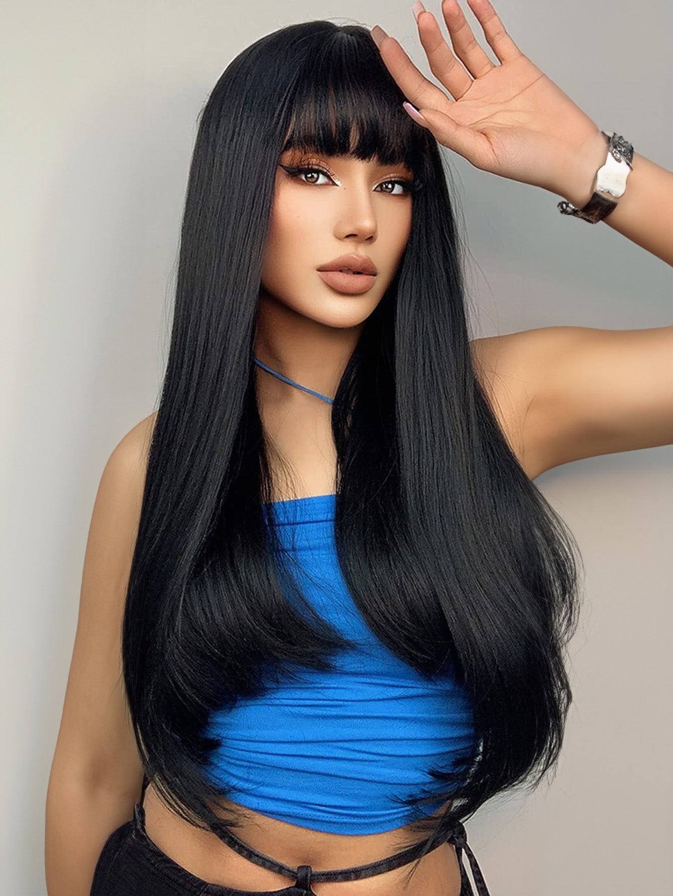 ENTRANCED STYLES Natural Black Wigs for Women Long Straight Wig with Bangs Black Hair Wigs Heat Resistant Synthetic Womens Wig