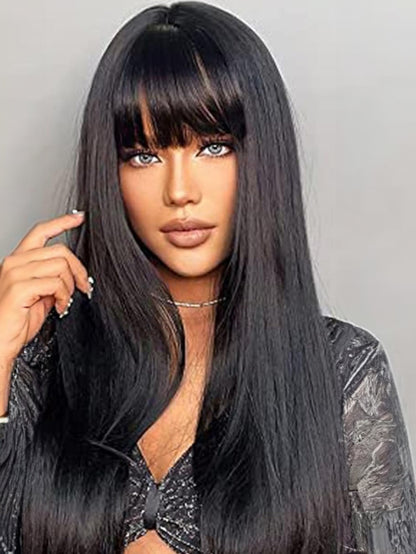 Natural Black Wigs with Bangs Layered Shoulder Length Synthetic Wig for Daily Party