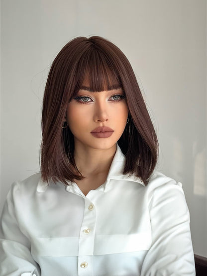 Shoulder-Length Layered Wigs With Bangs -14 Inch Peek-a-boo Color Black Mix Brown Mid-Length Wavy Wigs For Natural black Women, Heat Resistant Synthetic Hair Replacement Wigs