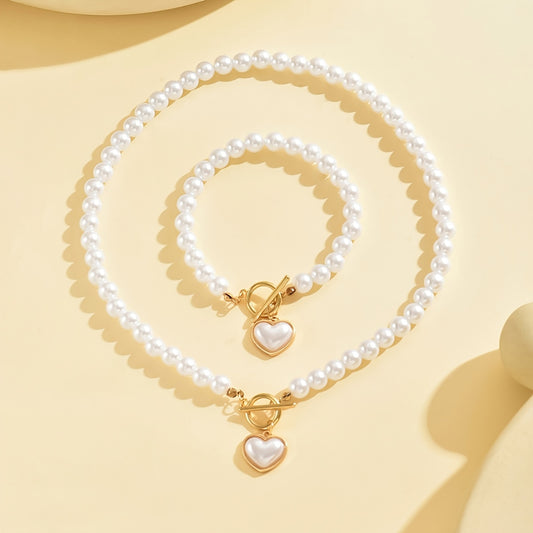 Elegant Pearl Heart Charm  Necklace and Bracelet Set