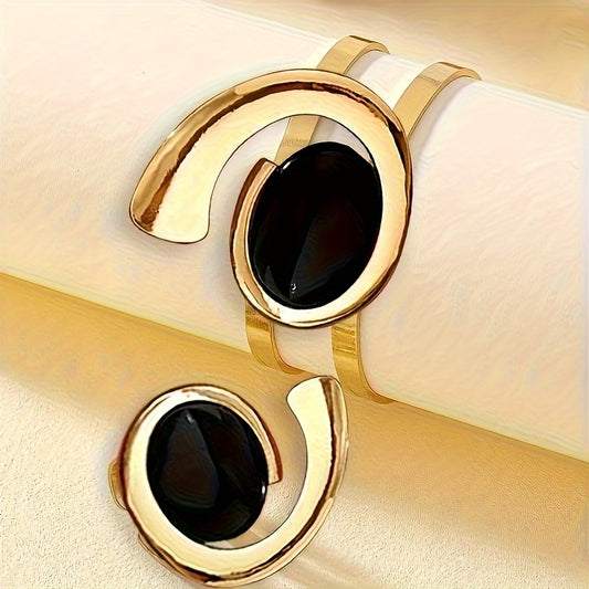 Black Onyx and Gold Statement  Jewelry Set - Bracelet and Ring