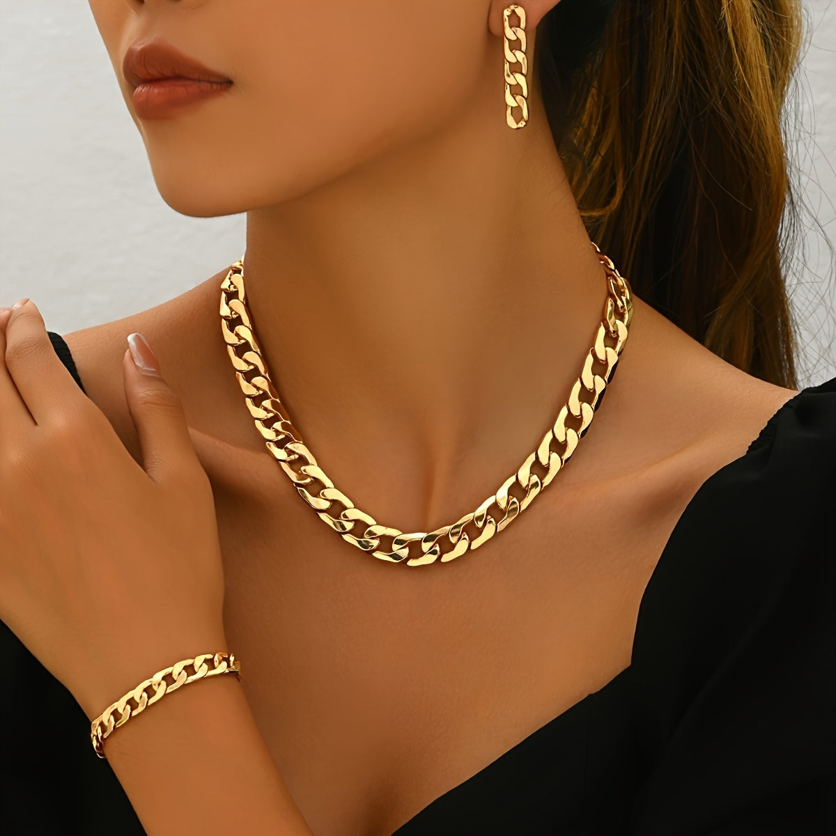 Stylish Gold Chain Link Necklace,  Bracelet, and Earring Set