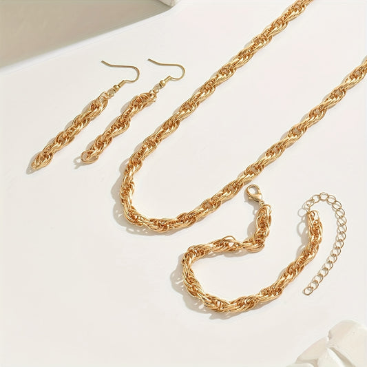 14K gold plated Stylish Gold Chain Link  Necklace, Bracelet, and Earring Set