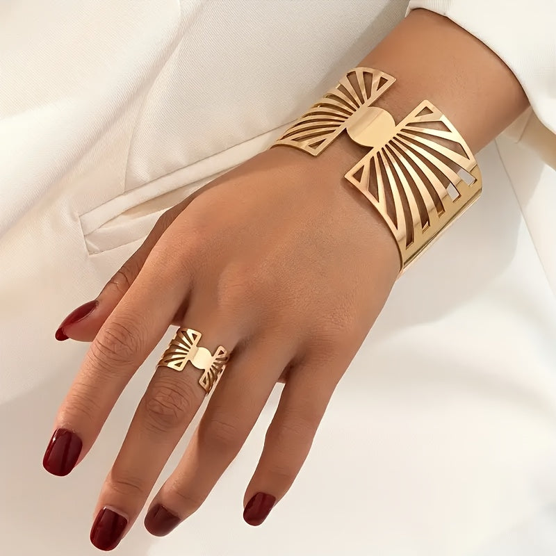 14K gold plated Golden Radiance:  Adjustable Geometric Ring and Cuff Set