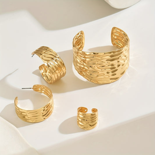 14K gold plated Golden Textured Hoop  Earrings and Cuff Bracelet Set