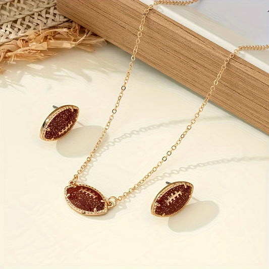 Elegant 14K Gold-Plated Football Charm Necklace and Earrings Set