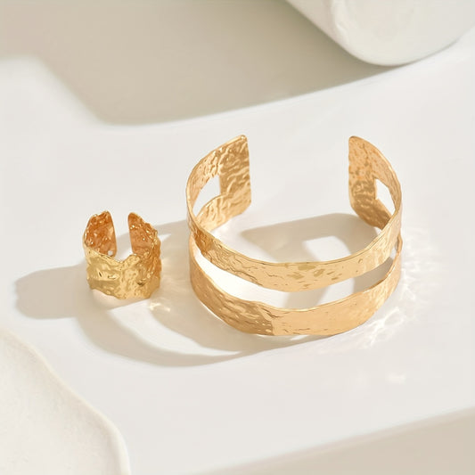 14K gold -Toned Hammered Texture  Cuff Bracelet and Ring Set