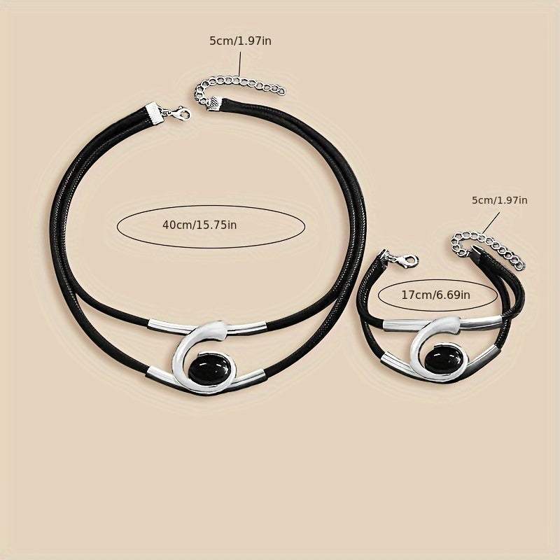 Modern Elegance: Black & Silver Leather  Choker Necklace and Bracelet Set