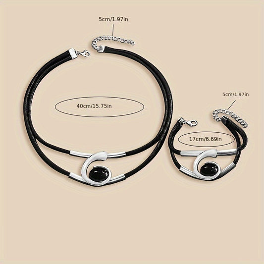 Modern Elegance: Black & Silver Leather  Choker Necklace and Bracelet Set