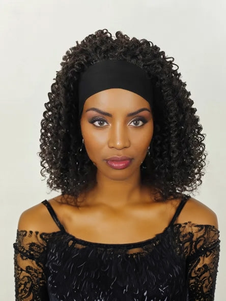 Comfy Stretch Band/Runway Shades of Black Headband Kinky Curly Synthetic Hair Wigs For African American Women 16 Inch