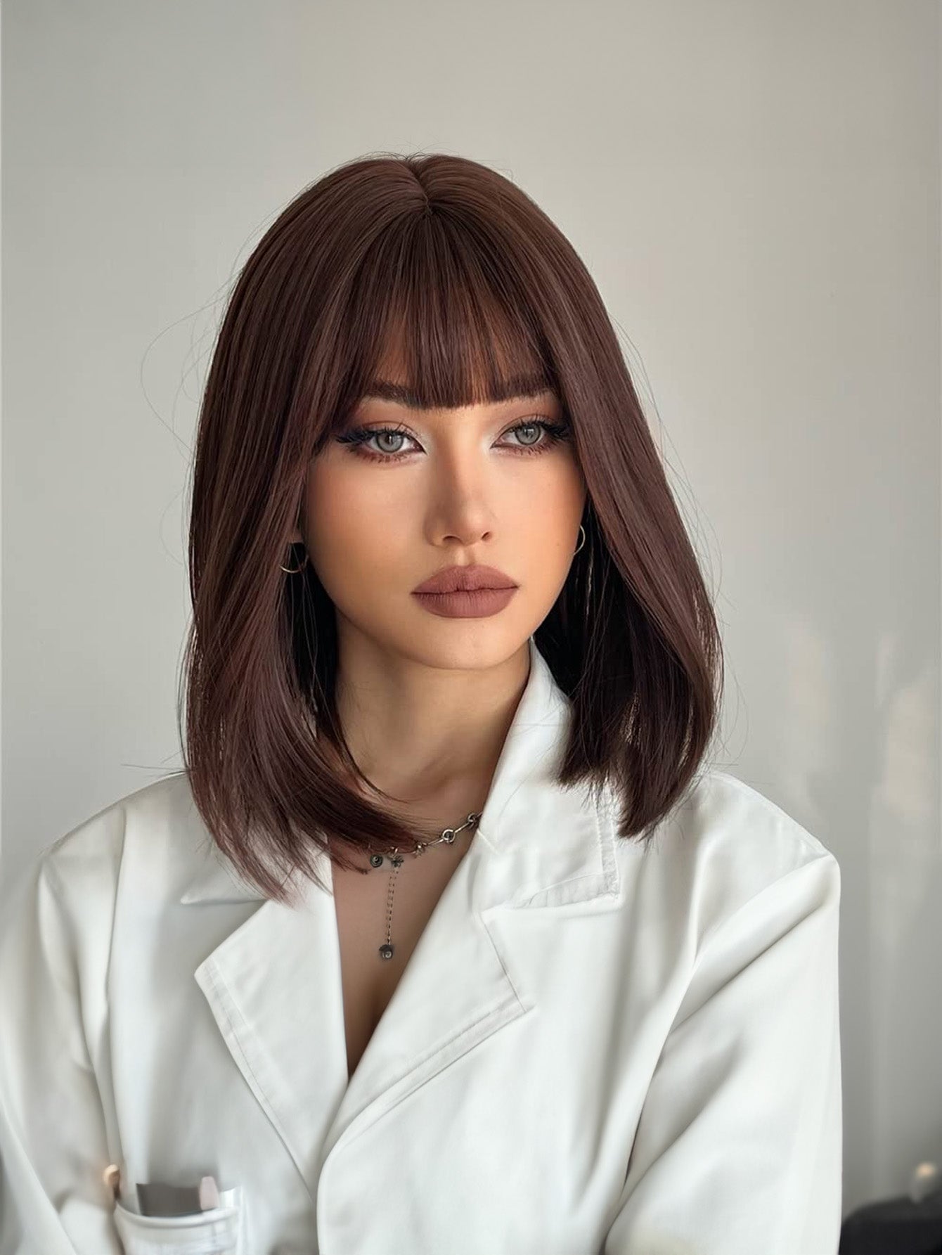 12 Inch Medium Brown Short Bob Wigs With Bangs Synthetic Hair Heat Resistant Hair Wigs