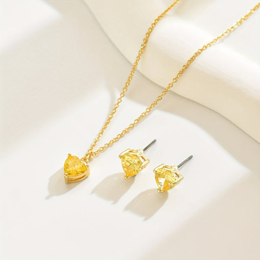 Elegant Heart-Shaped Yellow Crystal Pendant  Necklace and Stud Earrings Set