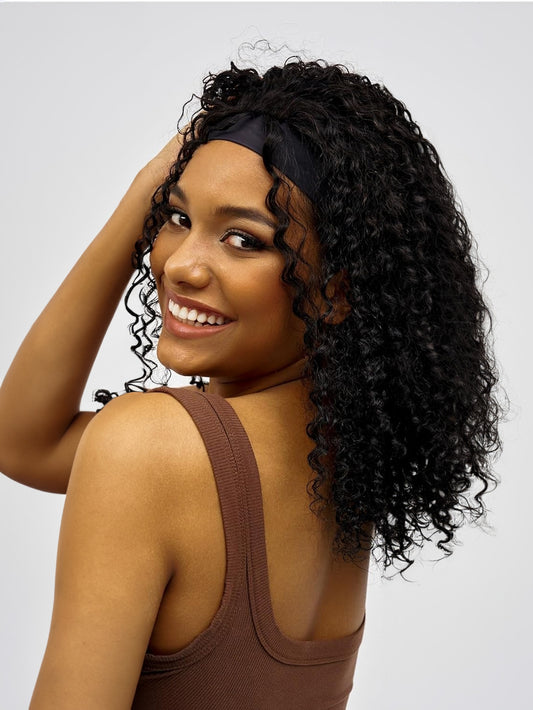 Comfy Stretch Band/Runway Shades of Black Headband Kinky Curly Synthetic Hair Wigs For African American Women