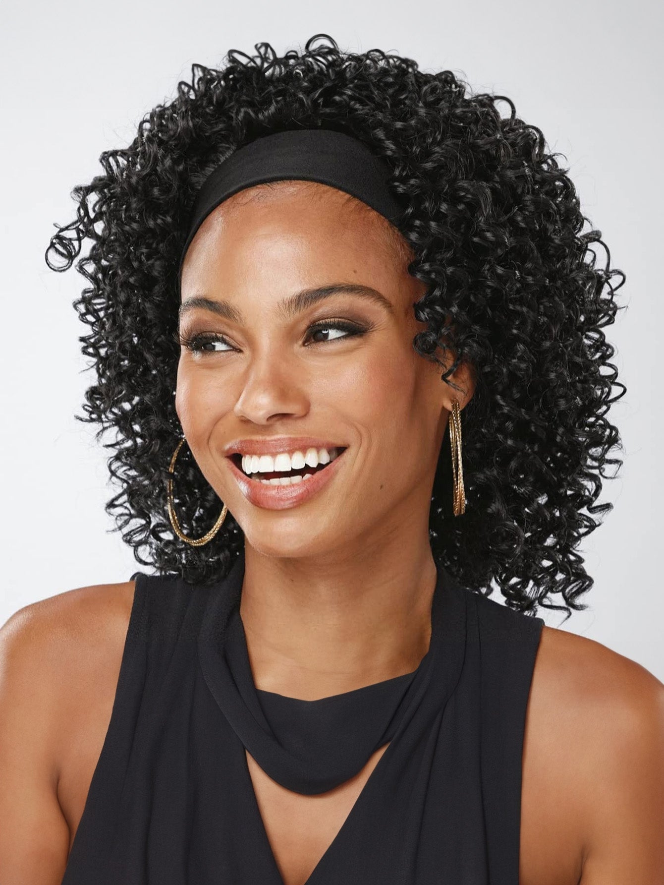 Comfy Stretch Band/Runway Shades of Black Headband Kinky Curly Synthetic Hair Wigs For African American Women 16 Inch